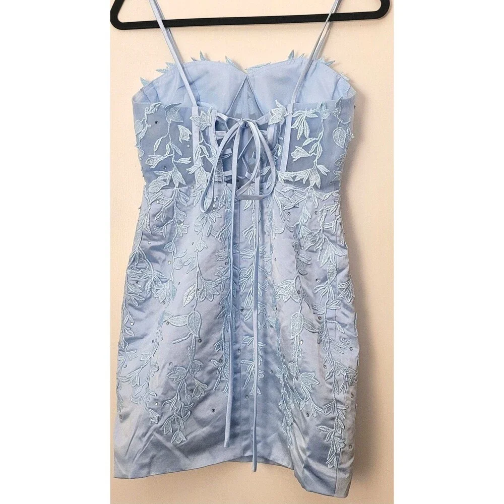 Light Blue Lace up sheer CORSET Mini Dress Fairycore Coquette Hoco PROM XS 0 - 2 - Picture 8 of 8